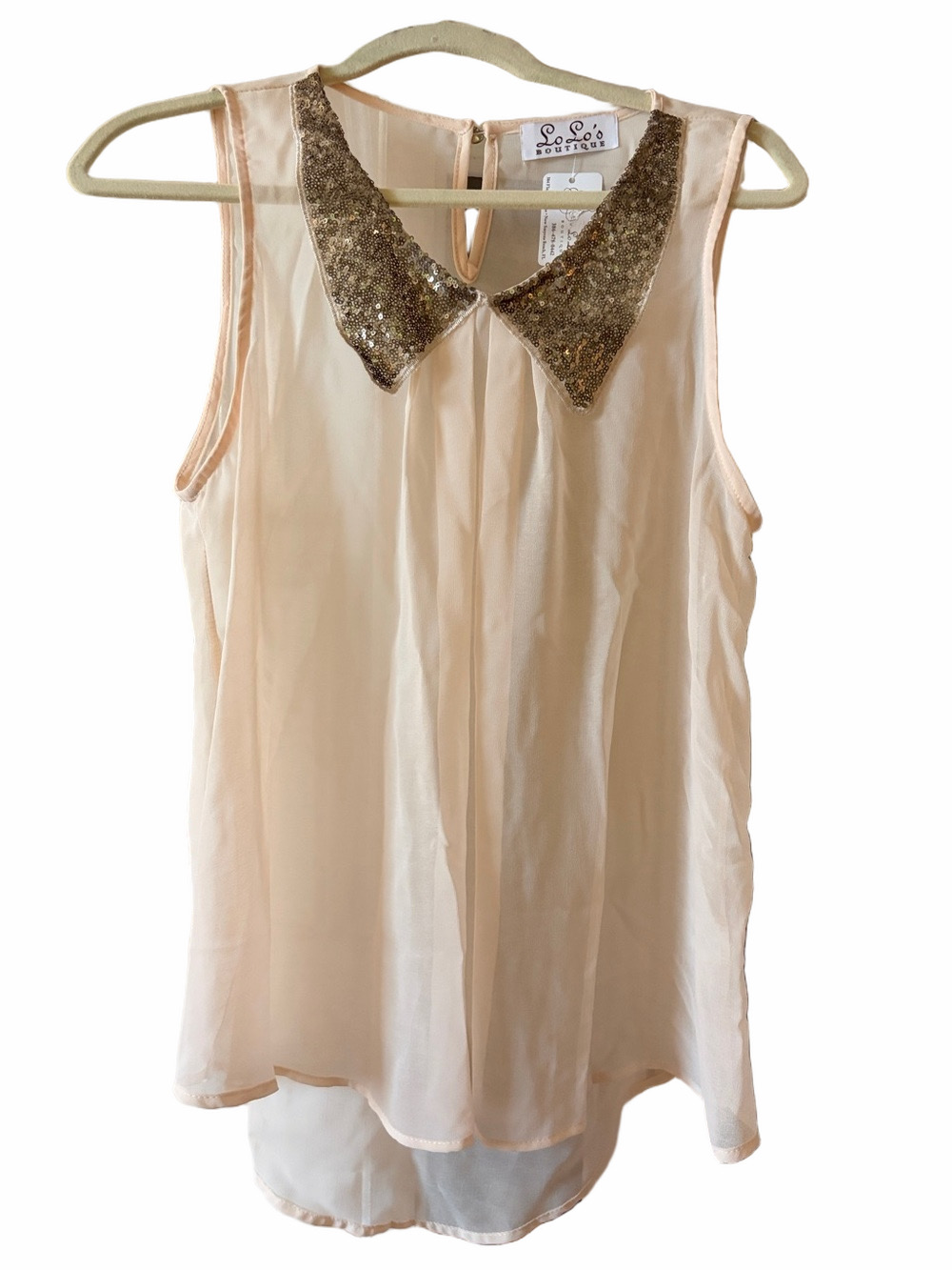 Cream sheer Top with embellished gold mini sequined collar, sleeveless.Large NWT